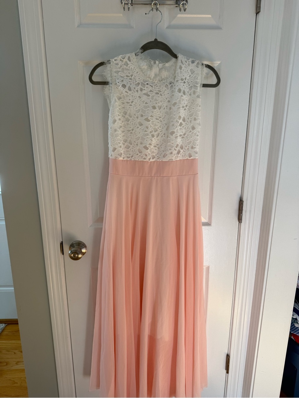 Womens White Lace & Blush Pink Chiffon Dress